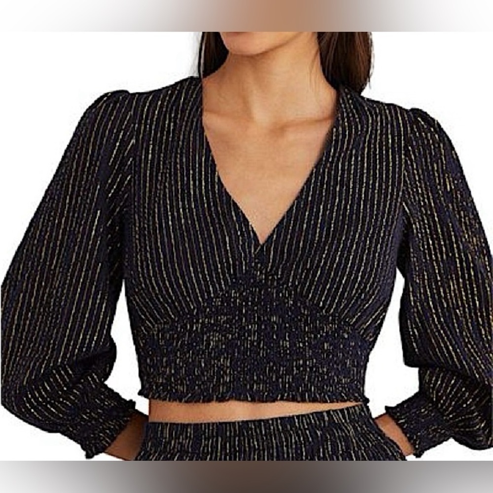 Boden Navy and Gold Metallic Striped V-Neck Blouse with Smocked Waist - Size 14